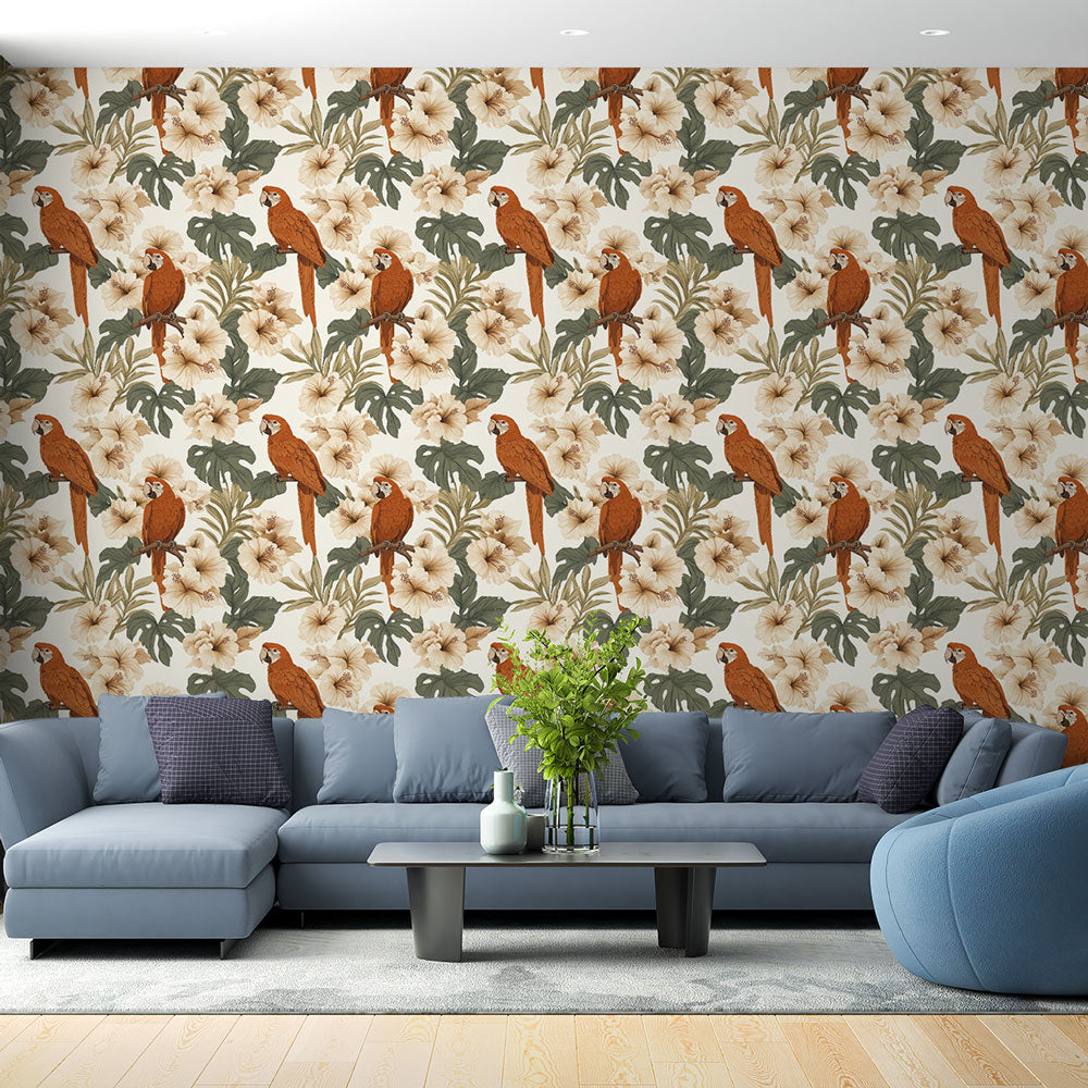 Parrot Wallpaper | Parrots and Tropical Flowers on Light