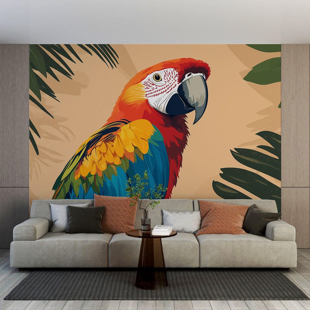 Parrot Wallpaper | Vibrant Parrot Wall Mural on Soft Tropical Foliage