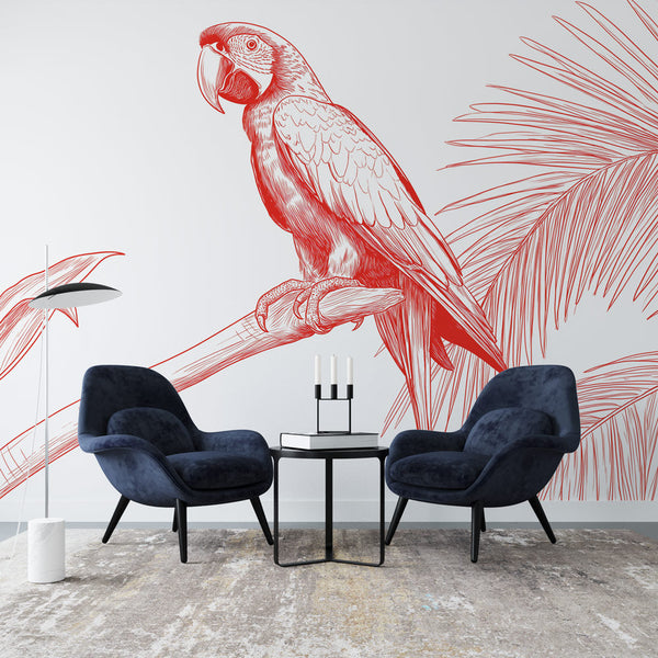 Parrot Wallpaper | Red Parrot on White with Palm Leaves