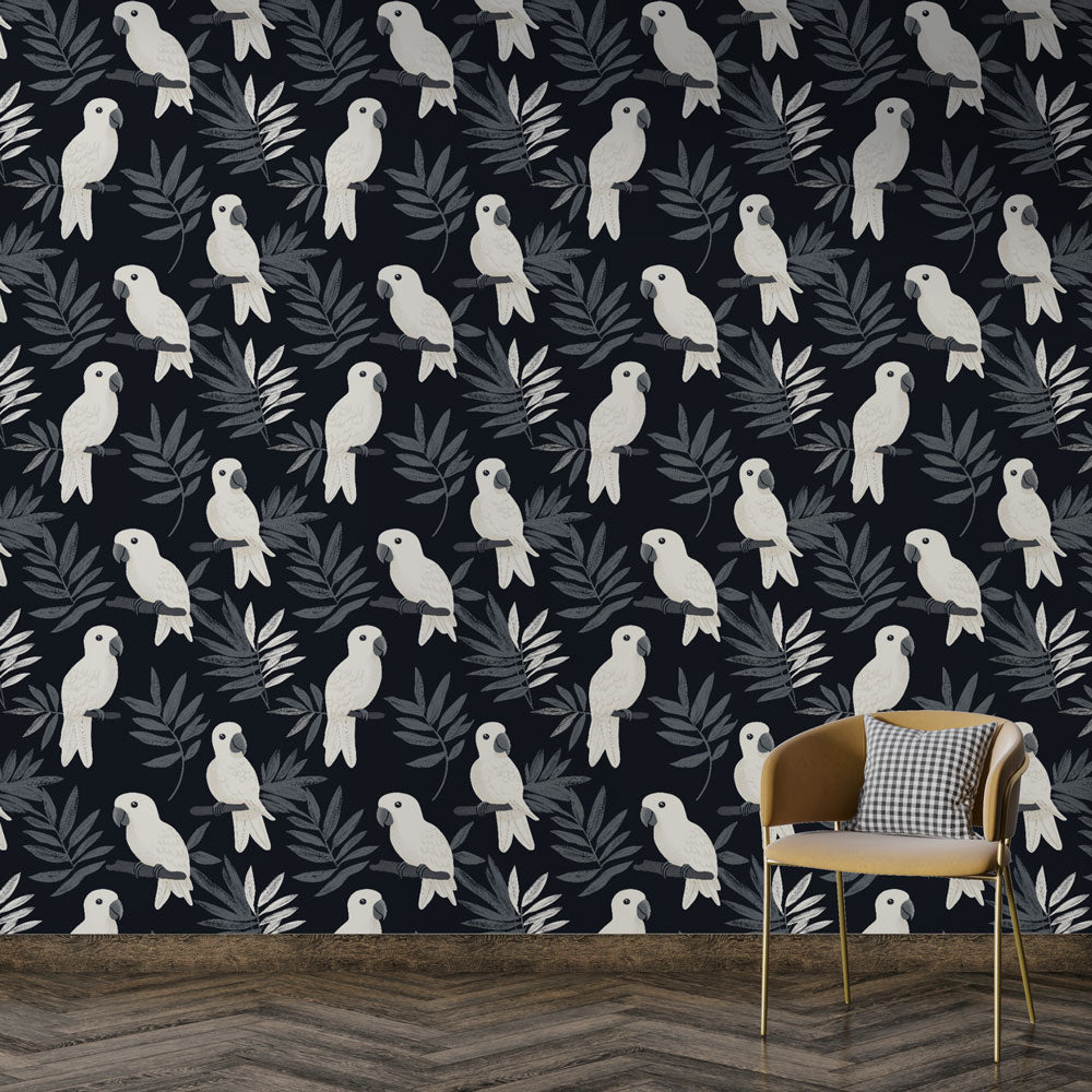 Parrot Wallpaper | White Parrots and Fine Foliage on Black