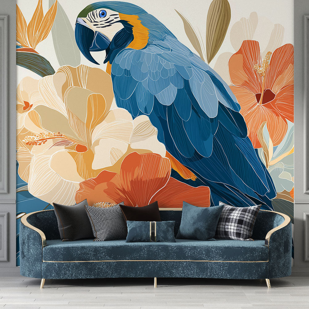 Tropical Parrot Wallpaper | Exotic Flowers Wall Mural