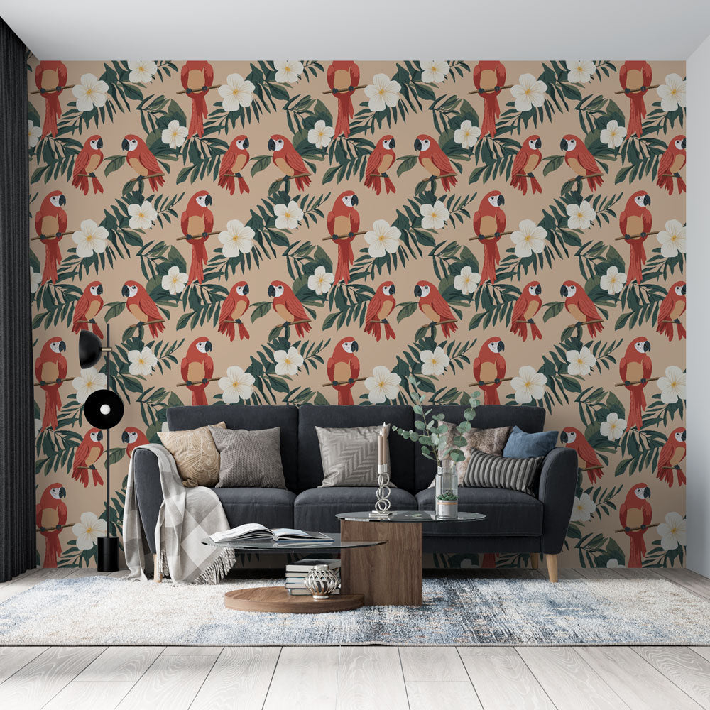 Parrot Wallpaper | Red Parrots and Exotic Flowers on Beige