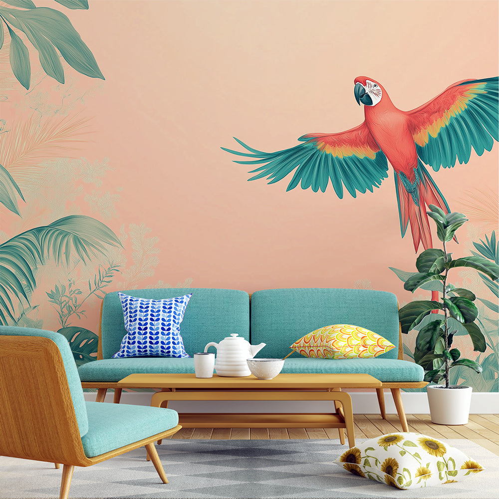 Parrot Wallpaper | Wall Mural of Flying Parrot on Pastel Backdrop