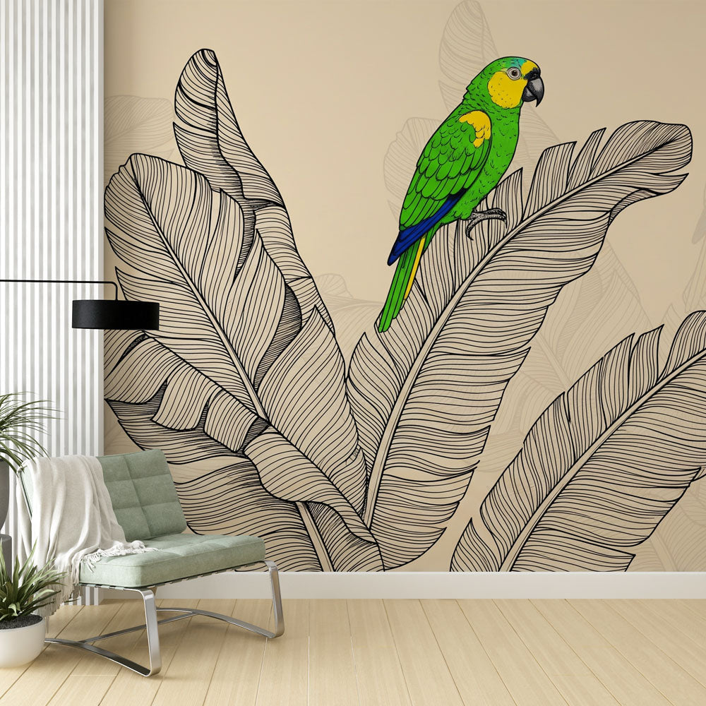 Parrot Wallpaper | Green Parrot Perched on Stylized Leaves