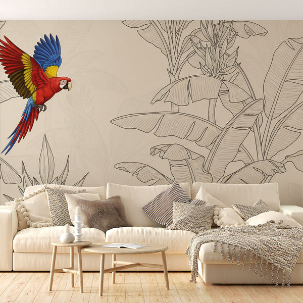 Parrot Wallpaper | Colorful Parrot Over Stylized Tropical Leaves