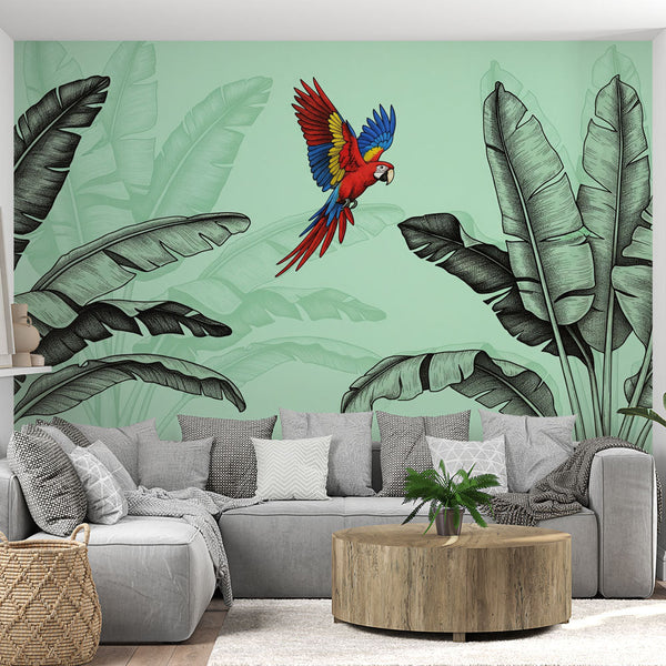 Parrot Wallpaper | Colorful Bird and Tropical Leaves Wall Mural