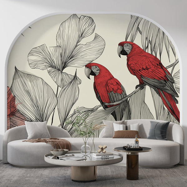 Parrots and Foliage Wallpaper | Red Parrots on a Muted Ground