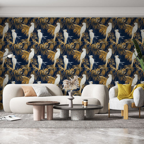 Parrot and Palm Wallpaper | Tropical Motif on Navy Ground