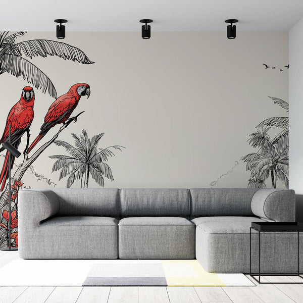 Parrot Wallpaper | Red Parrots on Neutral Wall Mural