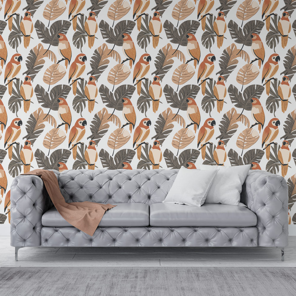 Parrot Wallpaper | Earthy Birds and Tropical Leaves
