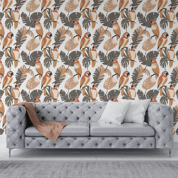 Parrot Wallpaper | Earthy Birds and Tropical Leaves