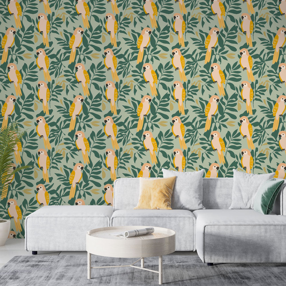 Parrot Wallpaper | Colourful Birds on a Leafy Ground