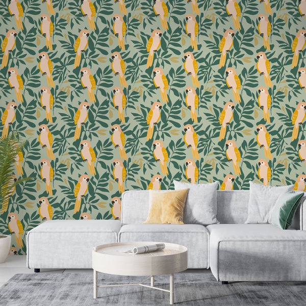 Parrot Wallpaper | Colourful Birds on a Leafy Ground
