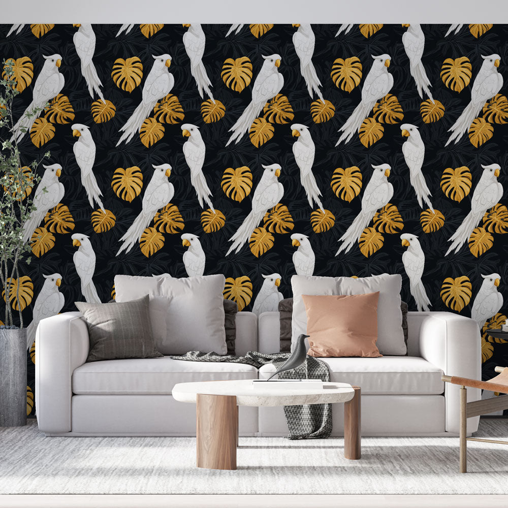 Parrot Wallpaper | White Birds Among Gold and Black Leaves