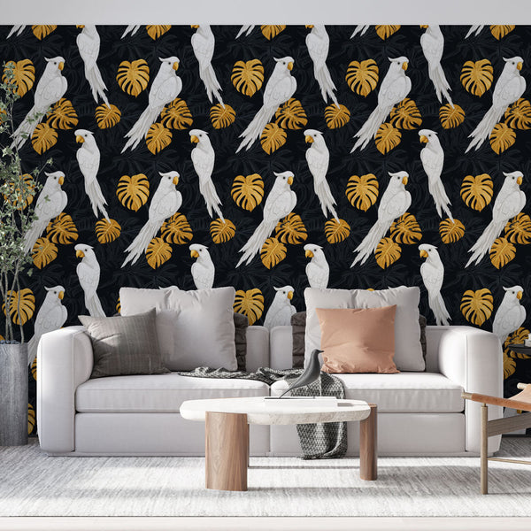 Parrot Wallpaper | White Birds Among Gold and Black Leaves