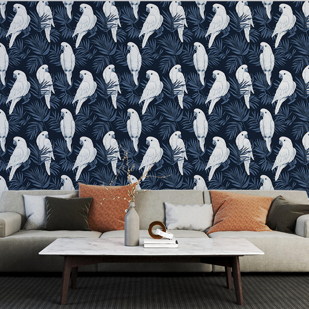 Parrot Wallpaper | White Parrots on a Navy Blue Ground