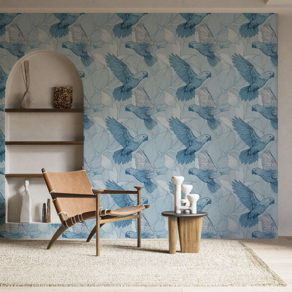 Parrot Wallpaper | Blue Parrots in Flight Among Fine Leaves