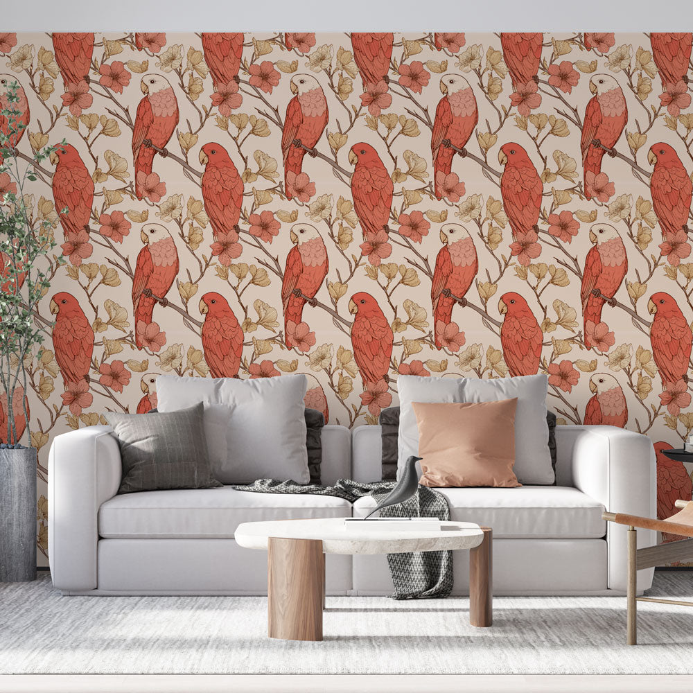 Parrot Wallpaper | Red Parrots on a Soft Floral Background