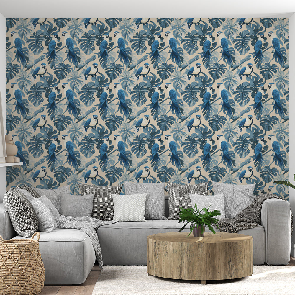 Parrot Wallpaper | Blue Birds and Tropical Foliage Design