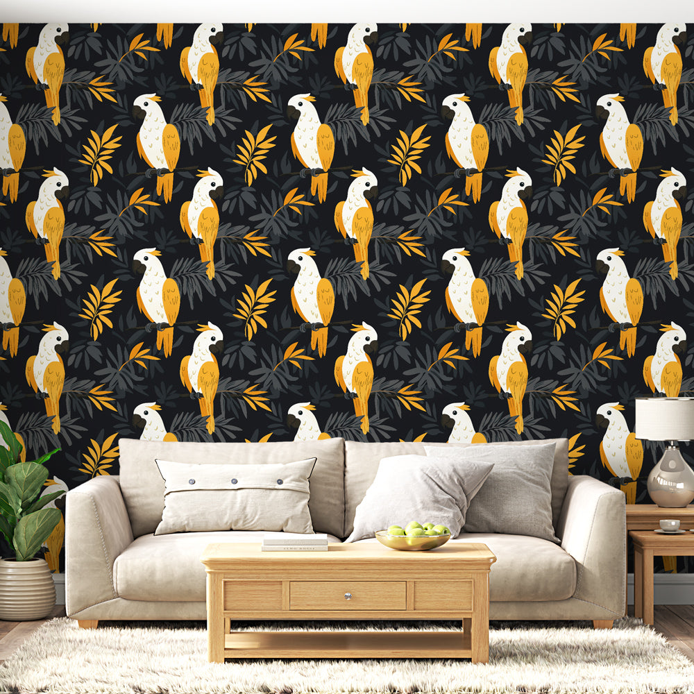 Parrot Wallpaper | Bright Illustrated Birds on Dark