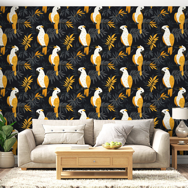 Parrot Wallpaper | Bright Illustrated Birds on Dark