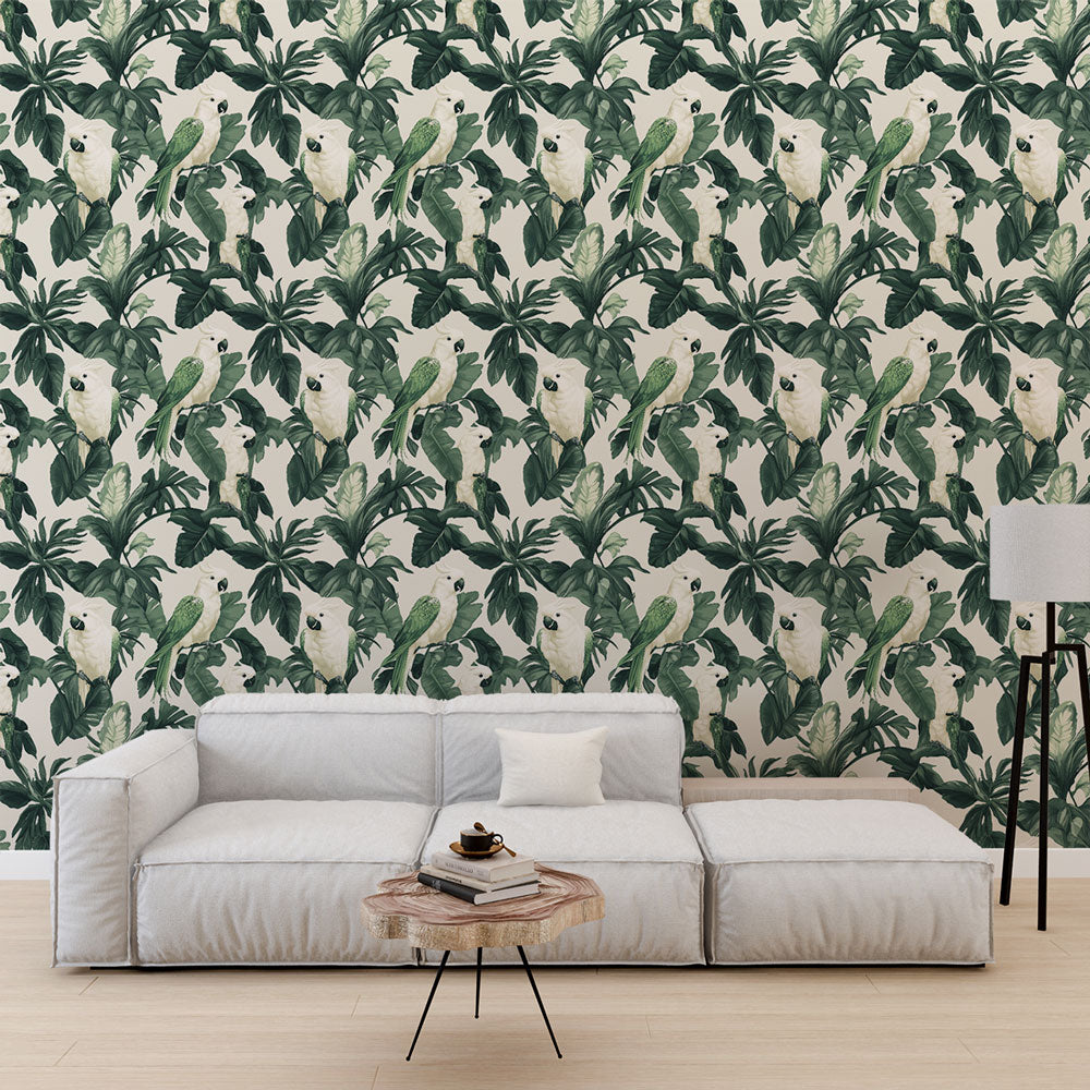 Parrot Wallpaper | Parrots in Lush Foliage on Cream