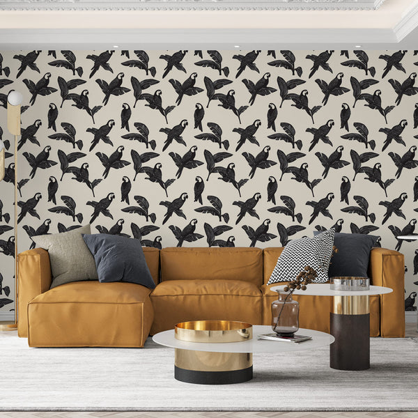 Parrot Wallpaper | Black and White Parrots Framed by Leaves