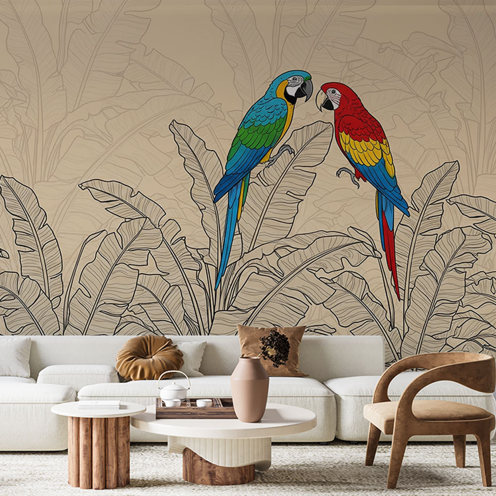 Parrots Wallpaper | Tropical Birds and Leaves Wall Mural