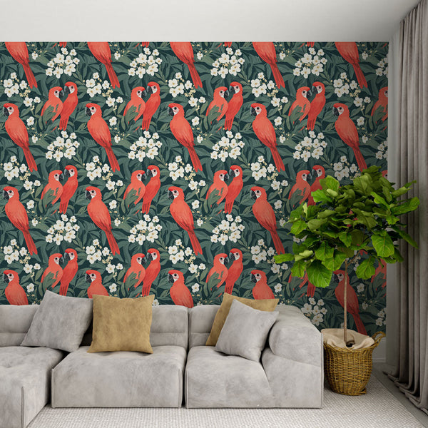 Parrot Wallpaper | Red Parrots and White Tropical Flowers