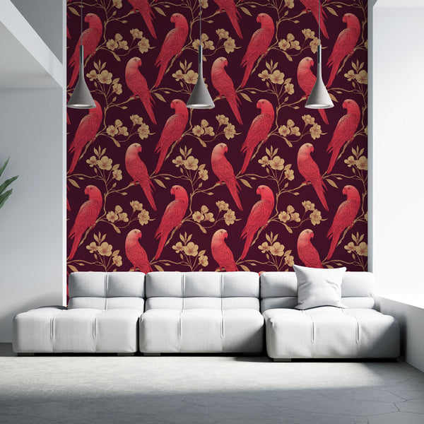 Red Parrot Wallpaper | Parrots on a Burgundy Floral Ground