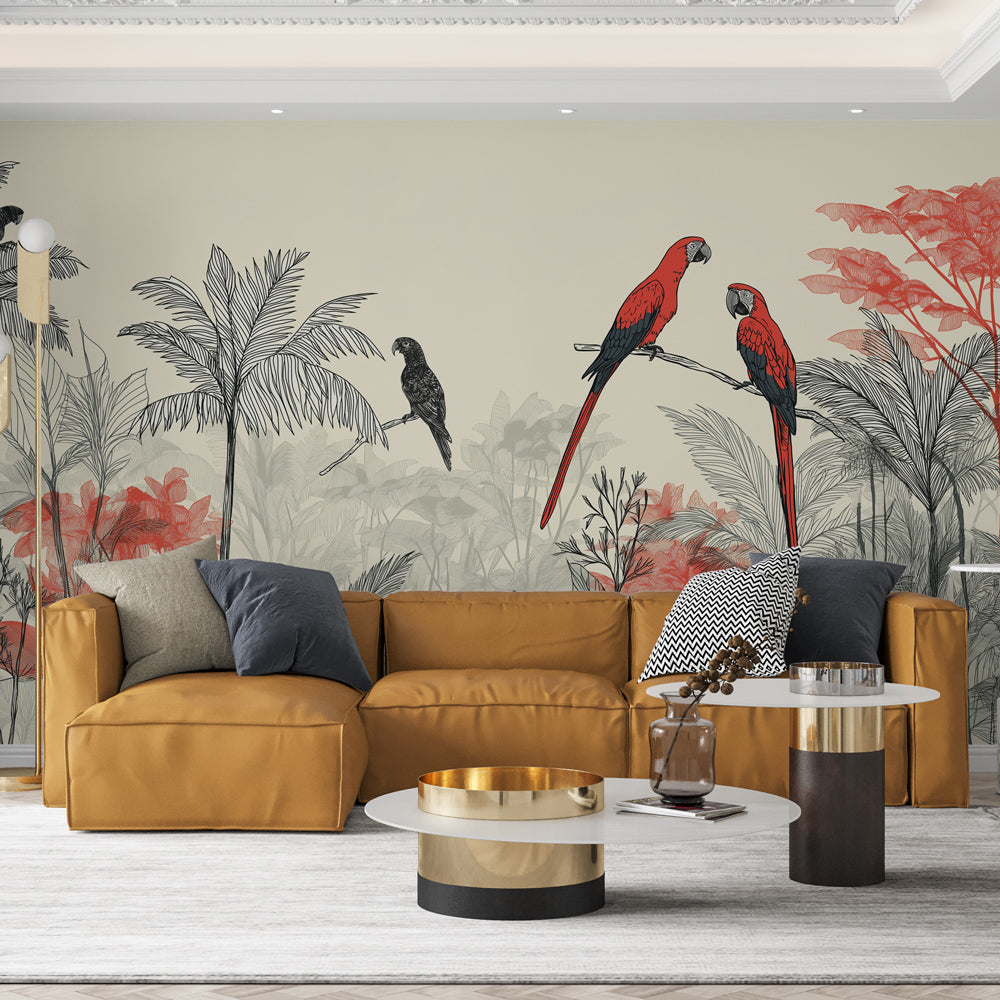 Tropical Parrot Wallpaper | Red Parrots and Foliage Wall Mural