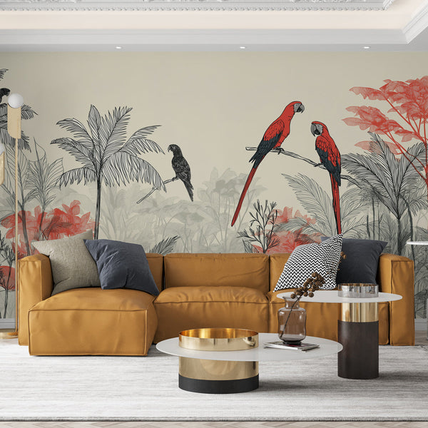 Tropical Parrot Wallpaper | Red Parrots and Foliage Wall Mural
