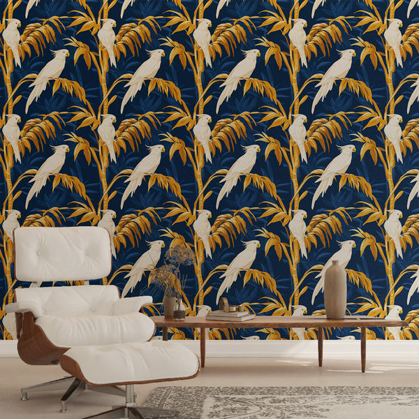 Parrot Wallpaper | White Parrots on a Navy Blue Ground