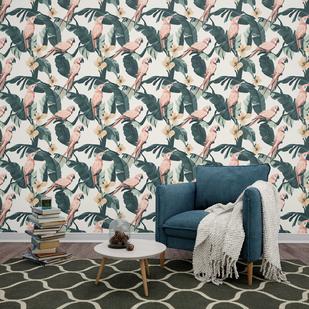 Parrot Wallpaper | Pink Parrots and Tropical Foliage