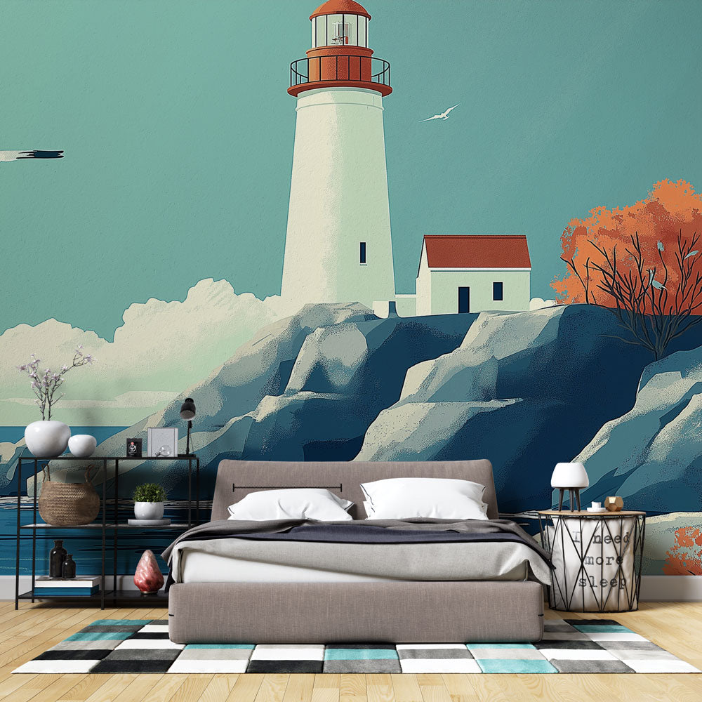 Coastal Lighthouse Illustration Wallpaper | Seascape Gulls