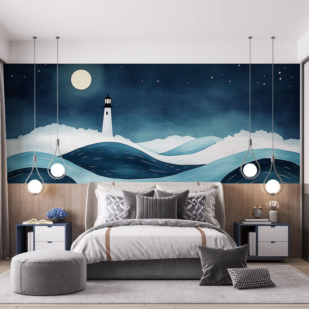 Marine Lighthouse Wallpaper | Night Stylised Waves Mural