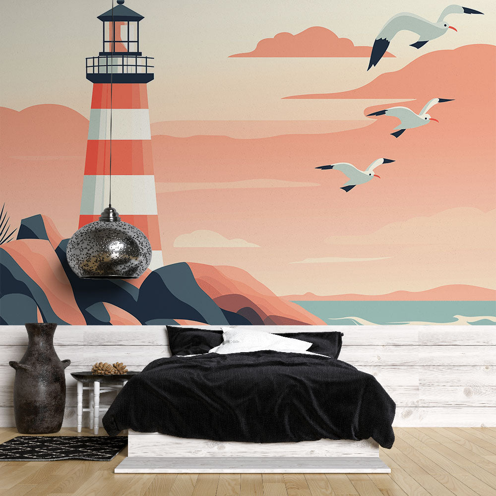 Pastel Marine Lighthouse Wallpaper | Iconic Seaside Mural