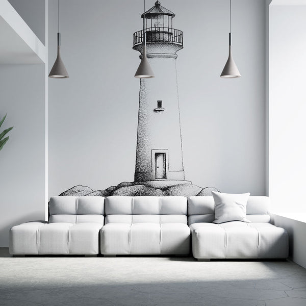 Lighthouse Wallpaper | Minimalist Lighthouse on Rock in B&W