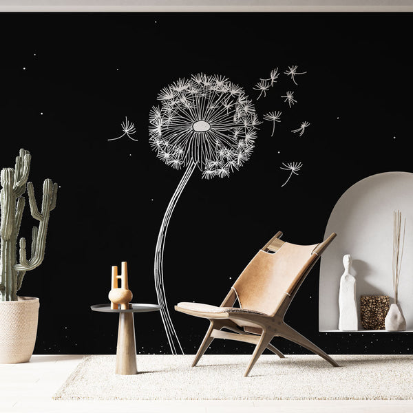 Dandelion wallpaper | White stylized bloom on black wall mural