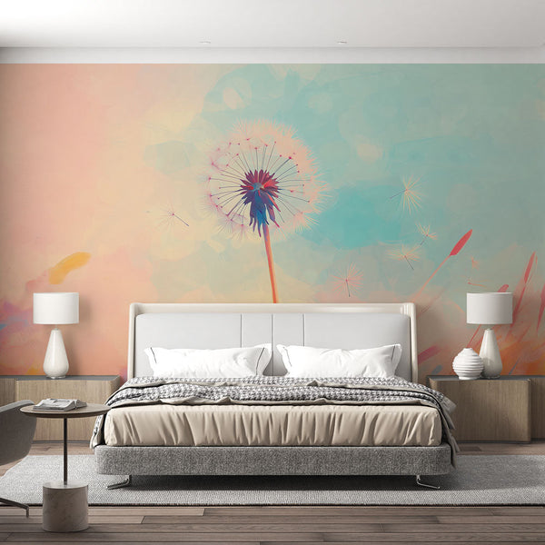 Pastel dandelion wallpaper | Soft pink and blue wall mural