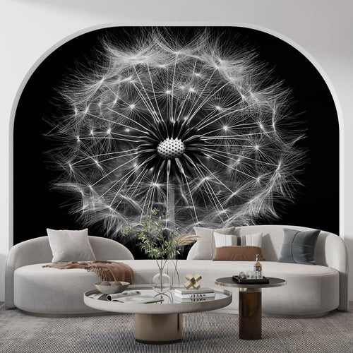 Abstract dandelion wallpaper with stylized seed motif in stark black and white contrast