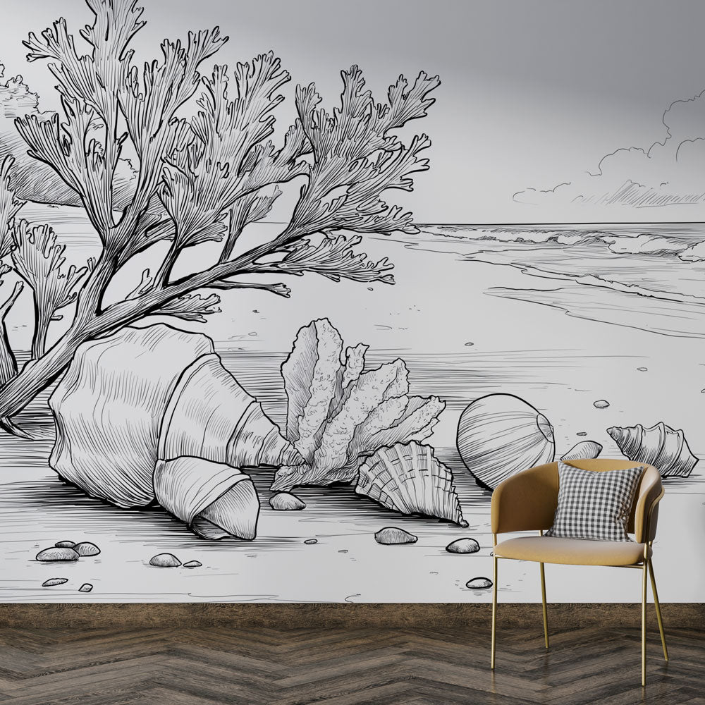 Coastal Wallpaper | Minimalist Beach Scene With Seashells