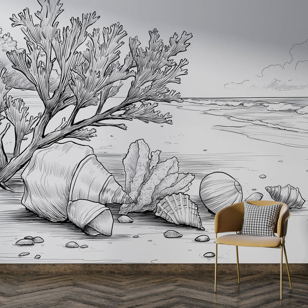Coastal Wallpaper | Minimalist Beach Scene With Seashells