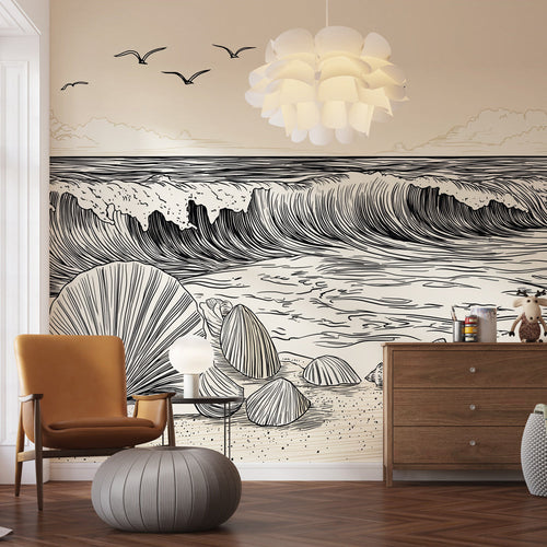 Beach wallpaper with delicate waves and seashells on pale sand in neutral tones