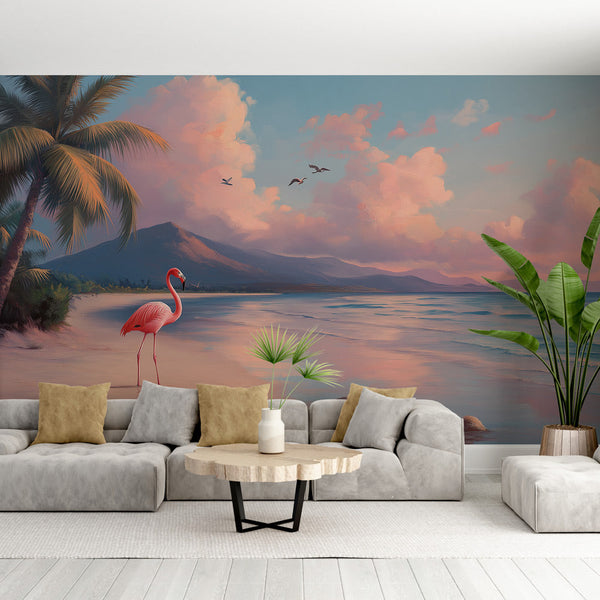 Exotic Beach Wallpaper | Flamingo Sunset Wall Mural