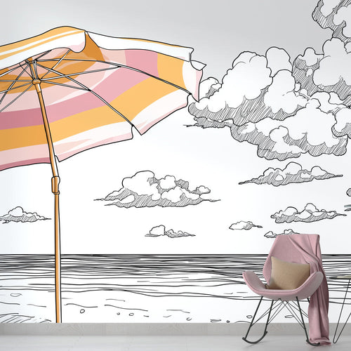 Beach wallpaper with a striped pink and orange parasol on a minimalist seascape
