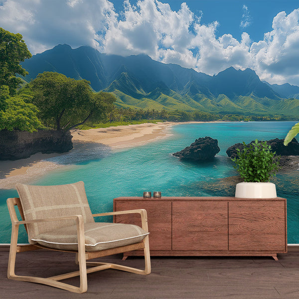 Tropical beach wallpaper | Green mountains crystal water mural