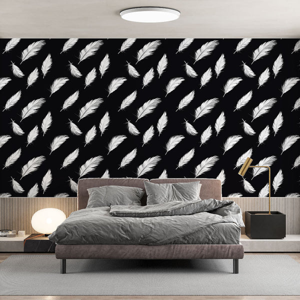 White Feather Wallpaper | Graphic Plume Motif on Black