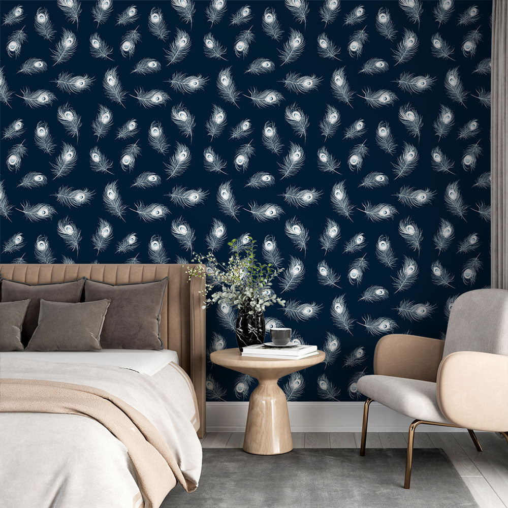 Peacock Feather Wallpaper | White Motif on Midnight Blue