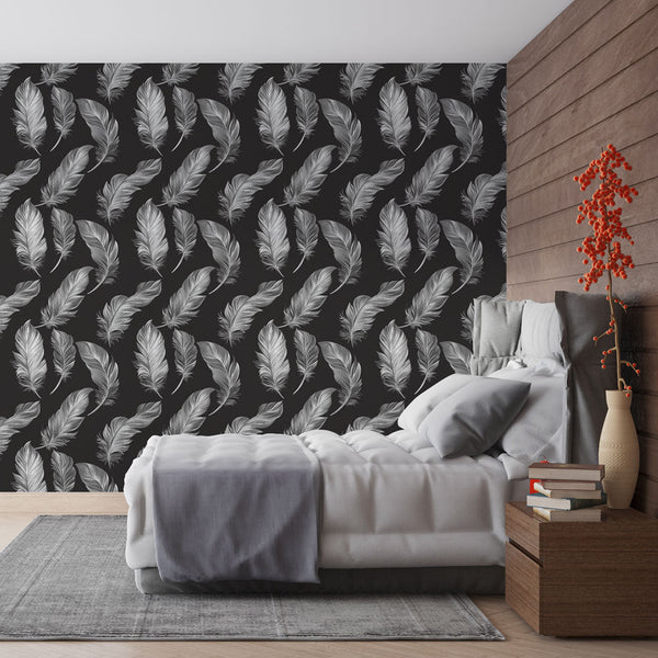 Feather Wallpaper | White Plumes on a Striking Black Ground